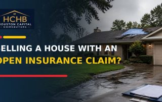 Houston house with storm-related roof damage and an open insurance claim folder