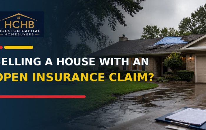 Houston house with storm-related roof damage and an open insurance claim folder