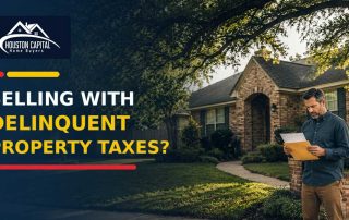 Houston homeowner reviewing a delinquent property tax notice outside a house