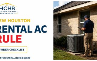 Houston rental property owner inspecting an outdoor air-conditioning unit